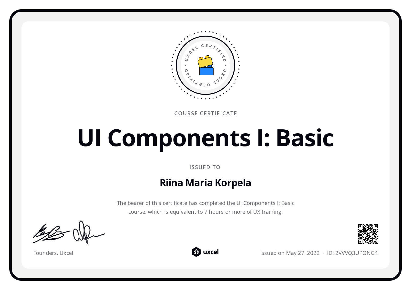 Riina Maria Korpela's certificate